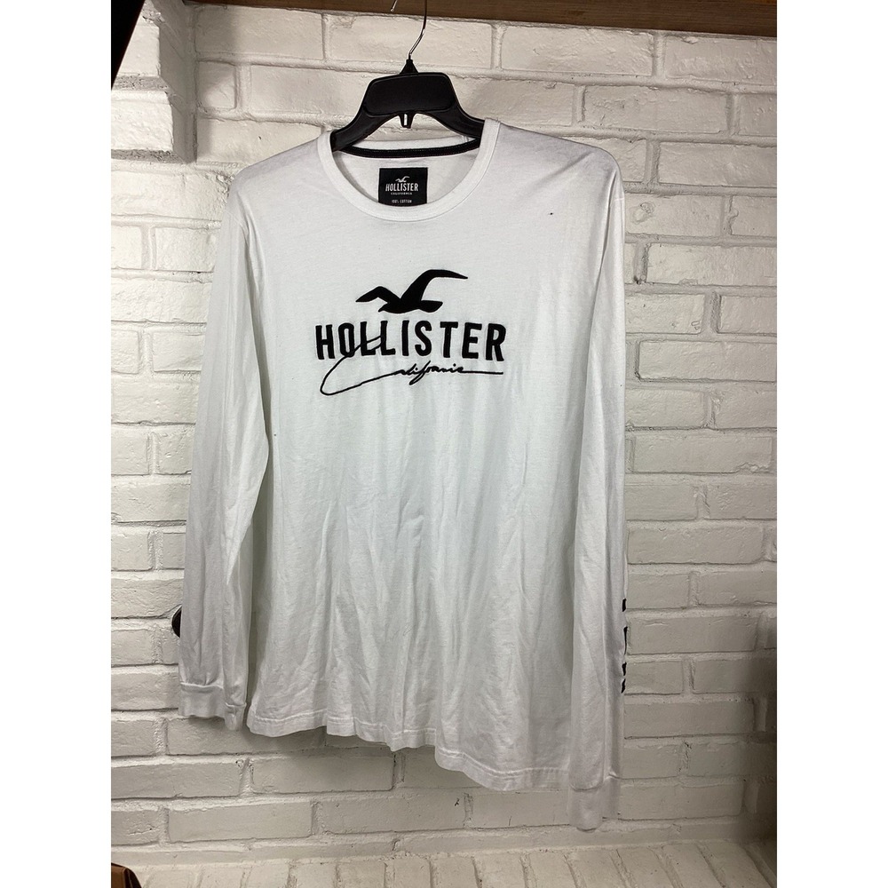 Hollister Mens XXL White Long Sleeve Logo Graphic Tee Sleeve Spellout Cotton